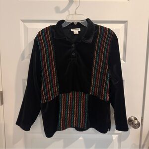 RAFAEL Black Velour Stripe Top with Polo Collar